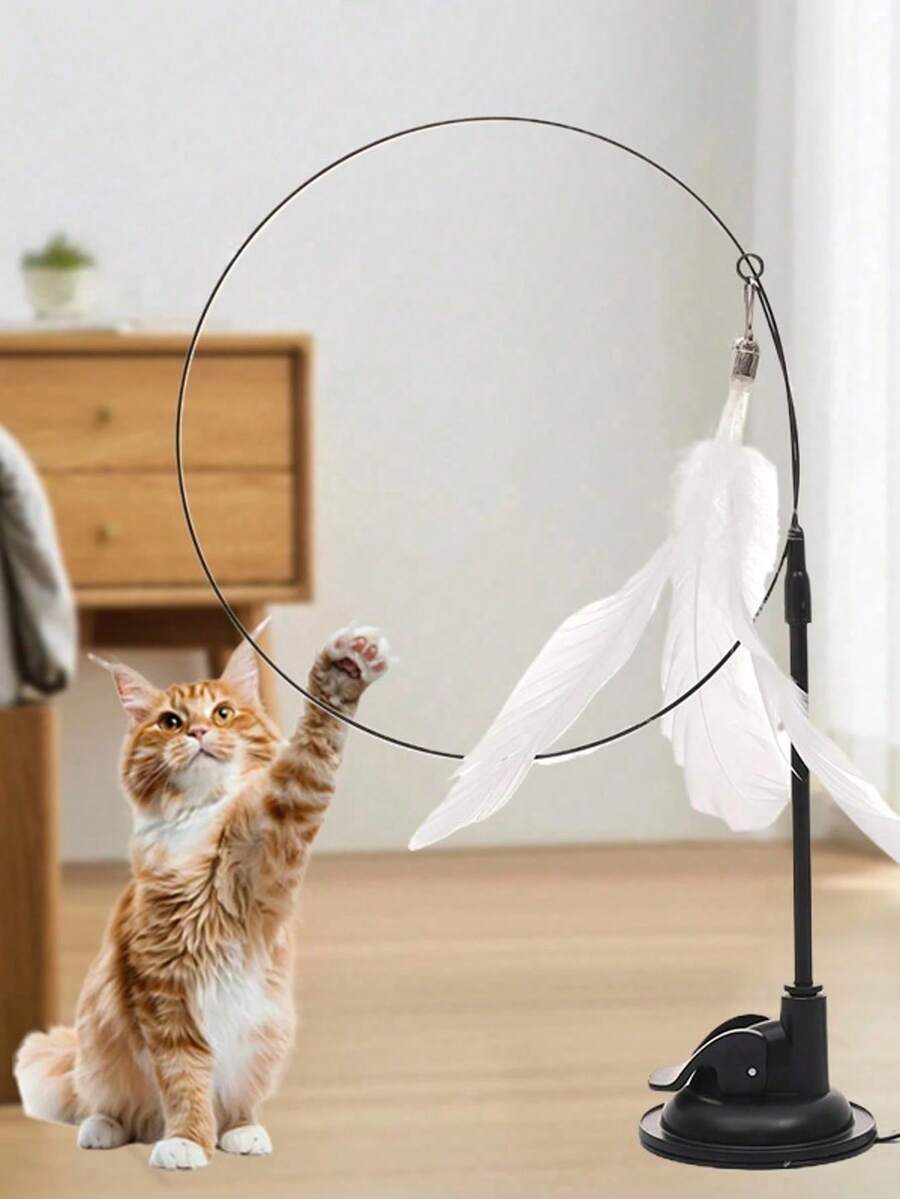 1. 带吸盘的逗猫棒，可手持使用。（产品分为普通吸盘和强力吸盘，建议购买强力吸盘，吸力更强。）猫玩具、解闷玩具、带吸盘的猫玩具、幼犬玩具、逗猫玩具、防咬耐咬、可替换吸盘头、专为猫咪设计、解放猫咪天性、不易损坏、底座稳固。