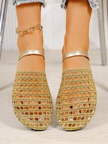 女士轻便编织网面平底凉鞋，露趾踝带沙滩度假休闲拖鞋 - 鎏金色 - 查看 6