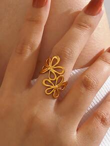1pc 18K Gold Plated Stainless Steel Minimalist Floral Ring, Suitable For Women's Daily And Party Wear - Multicolor - View 2