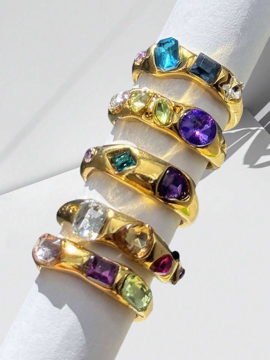Bộ 5 chiếc nhẫn mạ vàng, phong cách tối giản cổ điển, cá nhân hóa, đính đá Zirconia nhiều màu, thích hợp cho nữ giới đi nghỉ mát mùa hè và đeo hàng ngày. - Nhiều màu - Xem 1