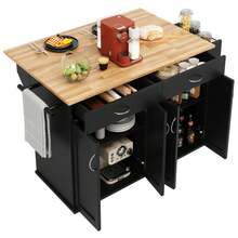 Modern Kitchen Island (106*50*90.5cm), Kitchen Cabinet, Sideboard, Dining Cart With Wood Grain, Buffet Cabinet, Multifunctional Dining Table With Storage Space, Black - Black - View 1