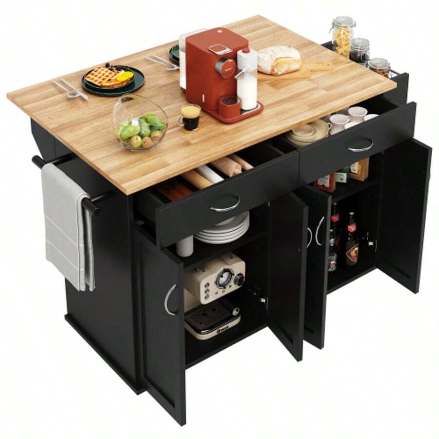 Modern Kitchen Island (106*50*90.5cm), Kitchen Cabinet, Sideboard, Dining Cart With Wood Grain, Buffet Cabinet, Multifunctional Dining Table With Storage Space, Black - Black - View 1