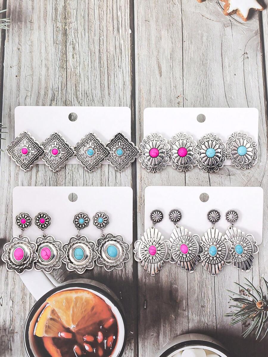 1 Set Of 2 Pairs Vintage Bohemian Style Geometric Pattern Earrings For Women - 2 Pairs Of Cards - View 1