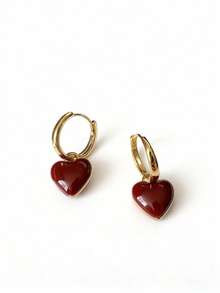 1 Pair Elegant Heart/Square Resin Drop Earrings, Minimalist Ear Studs - Burgundy - View 5