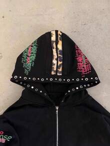 Sudadera con capucha estilo retro callejero Y2K, holgada, con detalles metálicos y cremallera personalizada - Negro - Ver 3