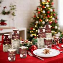 WRAPAHOLIC 50 tazas de papel de Navidad – tazas desechables de 9 onzas y hojas, suministros de fiesta para jugo, café, bebidas frías y calientes(Poinsettia rojo) - Multicolor - Ver 5
