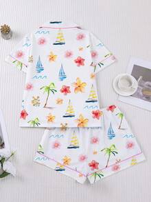 Marira 2pcs Women's Sleepwear Set, Hawaiian Flower & Sailboat Print, Fashionable Outfit For Parties, Short Sleeve Shirt Collar Button-Up Top And Elastic Shorts, Casual Loungewear For Outdoor & Indoor, All Season - 白色 - 查看 2
