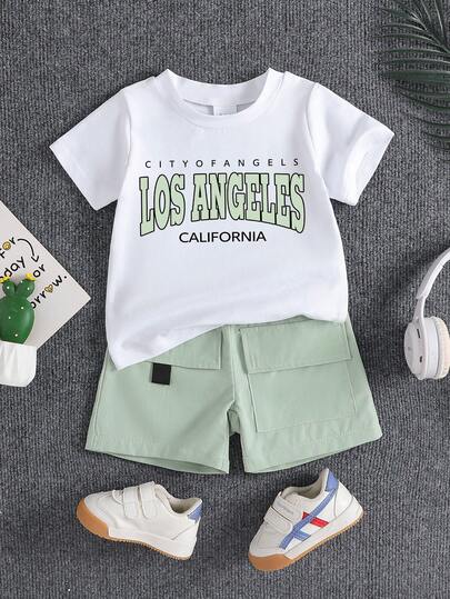 2pcs/Set Baby Boy Casual Letter Print Round Neck T-Shirt And Shorts Set, Summer