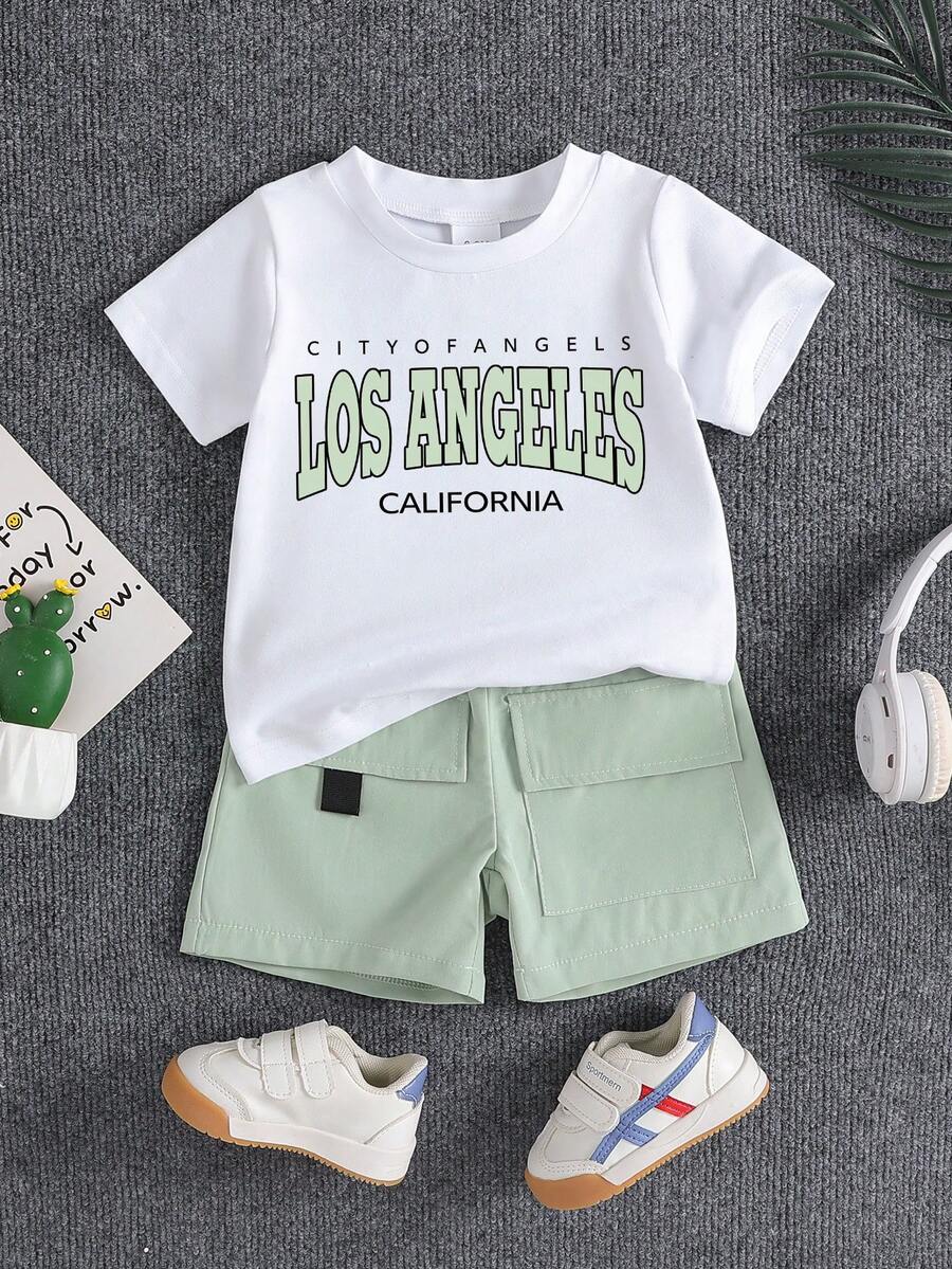 2件套男婴休闲字母印花圆领T恤和短裤套装，夏季 - 綠色 - 查看 1