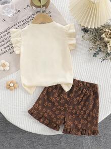 2-5Y Toddler Girls Cute 3D Floral Decor Round Neck Short Sleeve Casual Tank Top And Yellow Ruffle Hem Shorts 2pcs Set, Summer - Brown - View 2