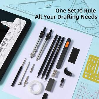 20/27 piezas Juego de herramientas de dibujo mecánico profesional actualizado, que incluye compás, divisor, escuadra, regla, plantilla, bolígrafo de alta velocidad, lápices 2H/HB, cuchillo de arte, estuche portátil. Esencial para arquitectura, ingeniería, estudiantes, exámenes y regreso a la escuela. Útiles escolares y de oficina.