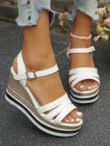 Große Größen 35-42 Sommer Neue Mode Dicke Sohle Hoch Plateau Keilsandalen, Alltag Outfit, Party, Hochzeit, Weiße Offene Zehe Dicke Sohle Keilsandalen für Frauen - Weißes PU - Übersicht 1