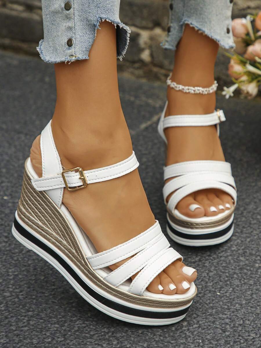 Große Größen 35-42 Sommer Neue Mode Dicke Sohle Hoch Plateau Keilsandalen, Alltag Outfit, Party, Hochzeit, Weiße Offene Zehe Dicke Sohle Keilsandalen für Frauen - Weißes PU - Übersicht 1