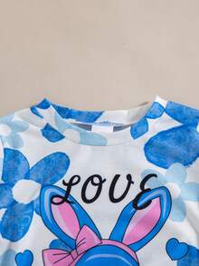 2pcs/Set Girls Casual Cartoon Flower & Letter Print Decorated Short Sleeve Top And Bermuda Shorts, Summer - Blue - View 3