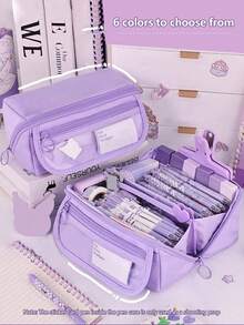 大容量多功能铅笔盒，带桌面收纳隔层，采用耐用涤纶材质，男女学生办公用品收纳盒，便携式学习桌面收纳盒，多隔层设计，可存放钢笔和马克笔，是开学的理想礼物，1 个水豚铅笔盒 - 彩色 - 查看 2