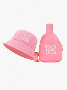 2pcs/Set Girls' Pink Sequin Letter Graphic Bucket Hat Set, Stylish & Sun Hat, Compact & Versatile For Spring/Summer Outdoor Activities, Suitable As Practical Gift For Kids & Friends - Pink - View 9