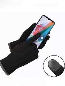 1pair Fleece-Lined Winter Warm Gloves - Devon Touchscreen Design, Stylish Black, Cold Weather Warmth, Convenient For Phone Use In Cold Days - Black - View 7