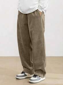 1pc Men's Corduroy Drawstring Waist Wide Leg Casual Sports Pants, Suitable For Outdoor Activities - Khaki - View 3