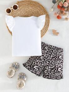 Baby Girl Summer Short Sleeve Ruffle Cuff Cartoon Cat Print Round Neck T-Shirt And Ruffle Hem Shorts Set - White - View 2