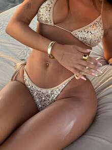 Vaiaye 两件套性感亮片三角比基尼套装，简约系带露背比基尼泳衣，适合夏季海滩度假 - 香檳色 - 查看 4