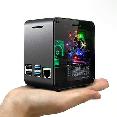 Raspberry Pi 4 Case Aluminum Mini Tower Case With Cooling Fan And Color Changing Ambient Light Matte Black And Dark Gray