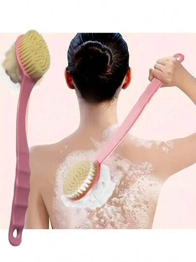 2pcs/1pc Shower Body Brush With Brush And Bath Ball, Random Style Delivery. Double-Sided Curved Long Handle Back Scrubber, Used For Body Skin Exfoliation, Massage Brush Hair Bath Dry Brushing Body Brush Bath Accessories