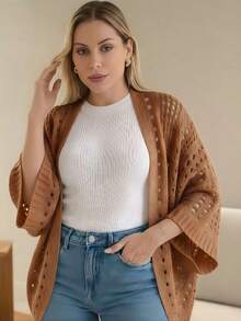 Set Of 2 Women's Cardigan Blouses, Knitted Cape, Openwork Knit, Autumn - Off/Off - View 6