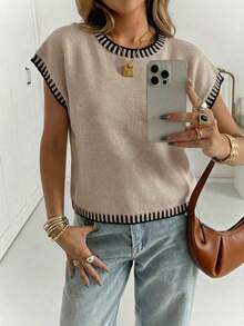 女士极简撞色滚边针织毛衣 - 杏色 - 查看 1