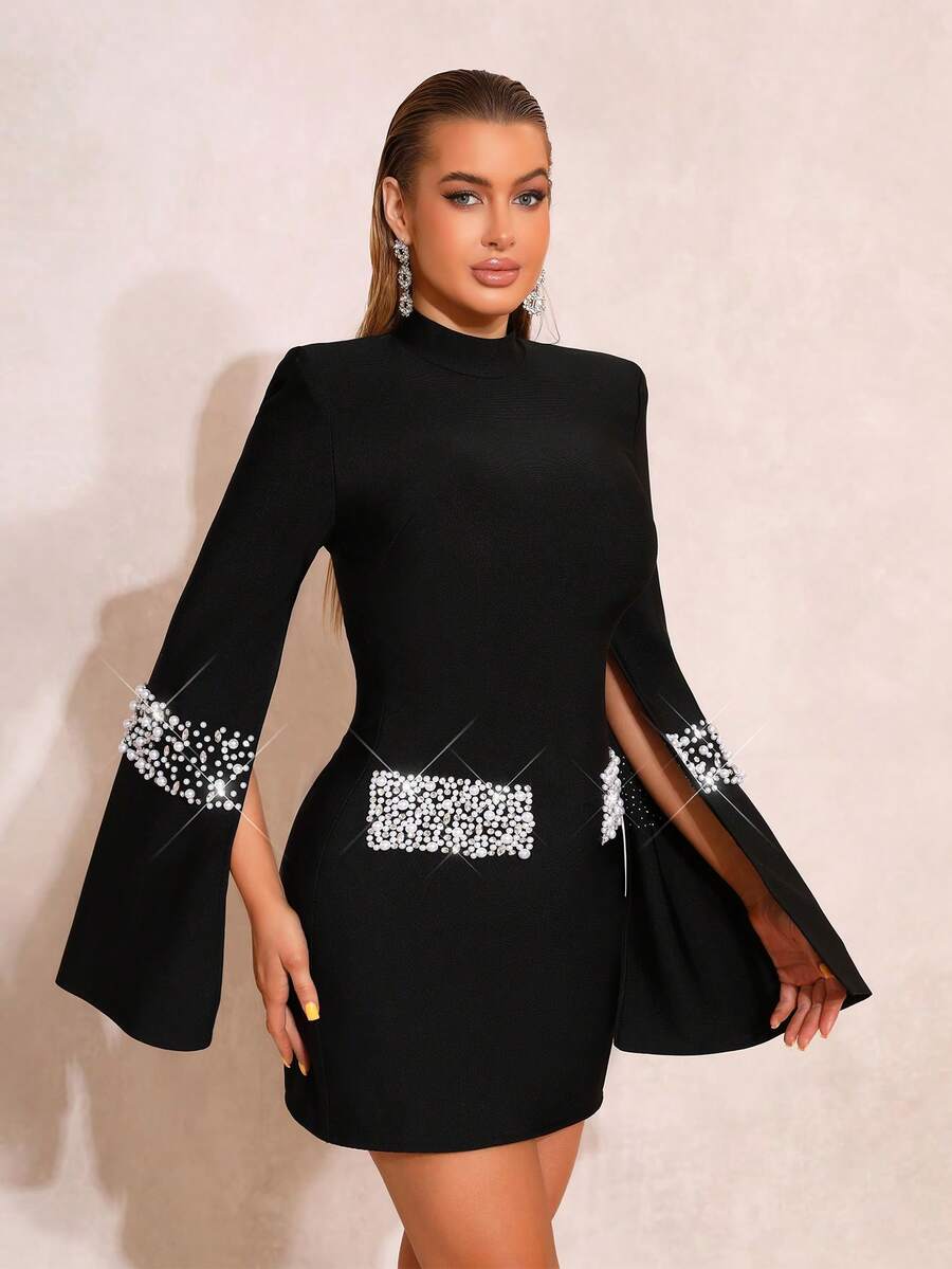 新款性感黑色金属光泽圆领绷带修身迷你/中长连衣裙，女士正式婚礼派对活动礼服 - 黑色 - 查看 1