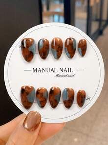 JUTI 10片装复古Y2K风手工短杏仁形美甲贴片 | 焦糖棕/灰蓝墨点美甲贴片 | 可重复使用，日常及秋冬节日美甲必备 | 完整美甲套装，包含1个指甲锉和果冻胶美甲用品 | 手工美甲贴片 - 彩色 - 查看 10