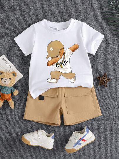 2pcs/Set Summer Casual Multicolor Cartoon Bear Print Round Neck T-Shirt And Shorts Set For Toddlers