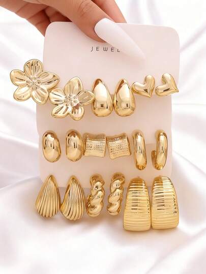 1 Set Fashionable Minimalist Charm Floral, Teardrop, Heart, Oval, Twist, Striped Geometric CCB Earrings Set, Suitable For Women's Daily Wear, Gift For Friends On Holidays And Birthdays