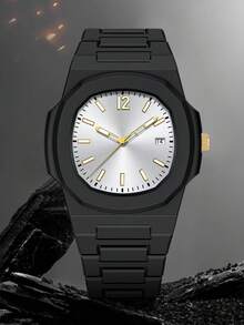 TOMI 高端简约商务男士腕表礼盒套装，哑光油塑表带条纹表盘石英表，时尚男士腕表套装，适合日常生活、节日送礼、父亲节、圣诞节等场合。 - 黑色 - 查看 5