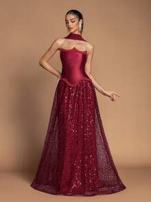 This Elegant Strapless Fitted Waist Long Evening Gown, Adorned With Beaded Embellishments, Features A Back Tie Design, And Comes With A Matching Shawl And Flowing Glittery Mesh Maxi Skirt - Making It An Ideal Choice For Weddings, Formal Galas, Awards Ceremonies, And Red Carpet Events. - Burgundy - View 3