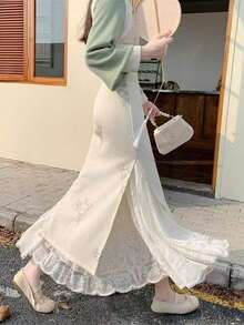 蕾丝衬裙，百搭女士内衬裙，松紧腰复古旗袍配套中长裙 - 彩色 - 查看 5