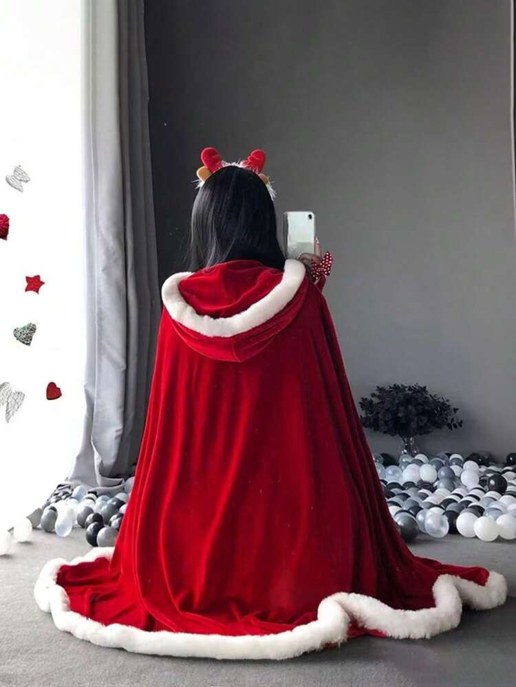 1件性感兔女郎连帽斗篷，仿毛皮天鹅绒圣诞披肩，女士派对服装斗篷 - 彩色 - 查看 8