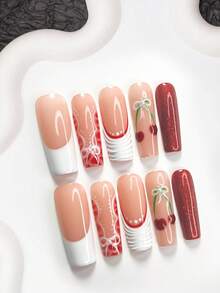 10件套手工美甲套装，法式美甲贴纸，中长杏仁形美甲贴纸，方形美甲贴纸，鸭嘴形美甲贴纸，手绘美甲假指甲，樱桃装饰美甲贴纸，亮红色凝胶美甲贴纸，包含工具包，适合女性和女孩，日常拍照，派对，情人节美甲用品 - 彩色 - 查看 4