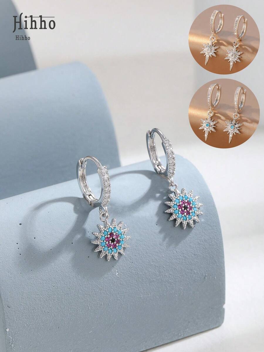 Hihho Cubic Zirconia Decor Drop Earrings - Silver - View 1