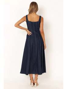 Women's High - Waisted Large - Swing Denim Dress, A Casual And Fashionable Sleeveless, Strapped And Gathered - Waist Long Dress With Side Zipper, Suitable For Spring, Summer And Autumn Seasons. - Rửa tối - Xem 6