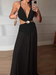 1 chiếc váy dệt kim cổ điển thanh lịch màu trơn/bất đối xứng, trang trọng, thích hợp cho tiệc tối, tiệc sinh nhật, hẹn hò, mùa hè - màu đen - Xem 1