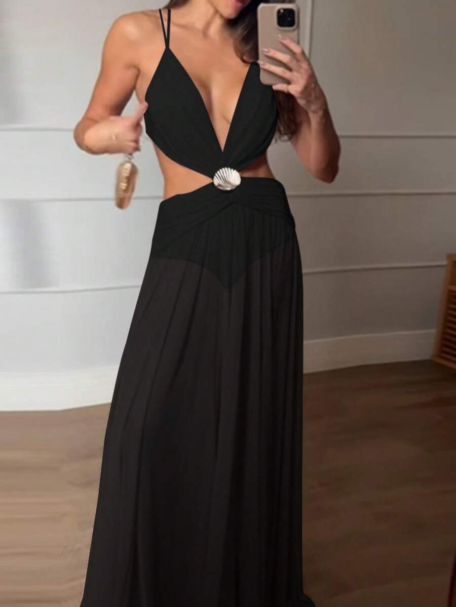 1 chiếc váy dệt kim cổ điển thanh lịch màu trơn/bất đối xứng, trang trọng, thích hợp cho tiệc tối, tiệc sinh nhật, hẹn hò, mùa hè - màu đen - Xem 1