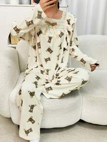 2 piezas Conjunto de pijama para mujer, parte superior de manga larga con estampado de oso lindo y lazo, pantalones cómodos con estampado de oso, adecuado para uso casual en primavera/otoño - Albaricoque - Ver 6