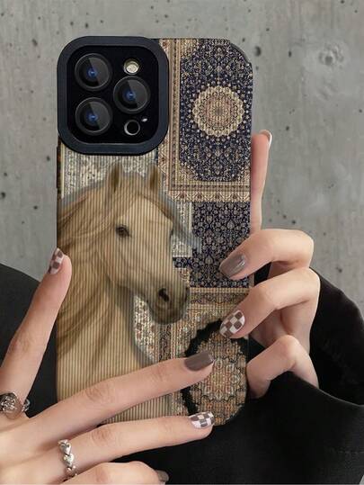 1pc Vintage Right-Facing White Horse Textured Classic Anti-Scratch Soft Leather Texture Phone Case, Suitable As Birthday, Holiday Gift For Friends, Family, Couples, Compatible With Apple And Phones 17/16PLUS/16PRO/16PROMAX