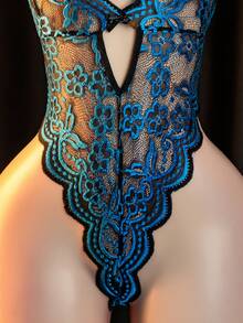 Sexy Lingerie Lace Bodysuit With Blue Embroidery Bow Detail And Open Back Design - Blue - View 4