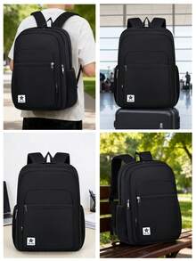 1pc Simple Black Backpack, Multi-Pocket Design With Clover Patch, Adjustable Shoulder Straps, Lightweight Nylon Student Backpack, Zipper Closure - Black - View 7