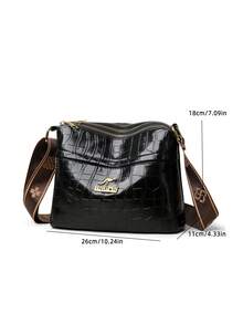 女士斜挎包，配有可调节肩带 - 仿鳄鱼纹钱包，拉链隔层和金色金属饰件，优雅的黑色和棕色可选，适合日常通勤、工作或休闲外出，时尚单肩包，工作包，纹理饰面 - 黑色 - 查看 5