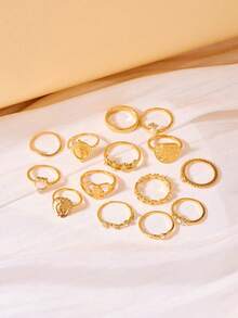 14pcs Vintage Style Portrait, Coin, Cross, Floral, Heart Shaped Ring Set, Suitable For Parties, Gatherings, Vacations, Gifts For Friends And Family, Daily Wear - Gold - View 4