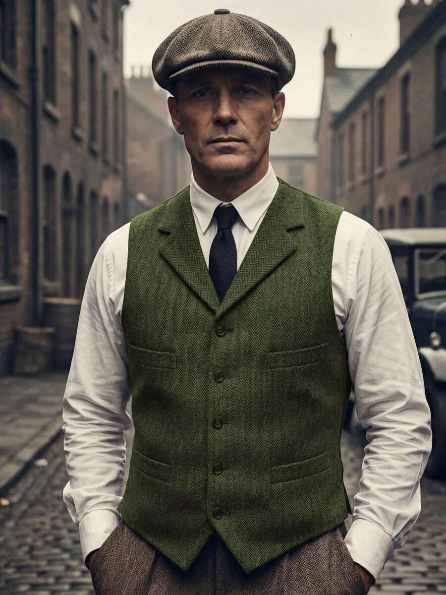 Hunting Aged Men's Tweed Vests Herringbone Waistcoats Retro Casual Wool Business Vest For Wedding Groomsmen, Slim Fit Suit Waistcoat - 軍綠色 - 查看 1