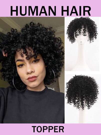 水波纹短款真人发片，带刘海，自然黑色夹式真人发假发，适合头发稀疏的男女，瞬间增加发量，打造时尚造型