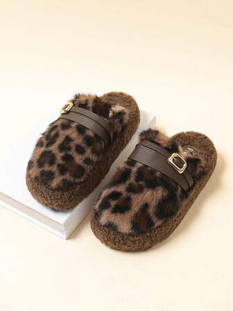 2025 Women's New Winter Viral Thick-Soled Closed-Toe Fluffy Black House Slippers For Outdoor Wear, New Autumn Buckle Plush Slides, Spring/Autumn Indoor Home Office Leopard Print Slippers